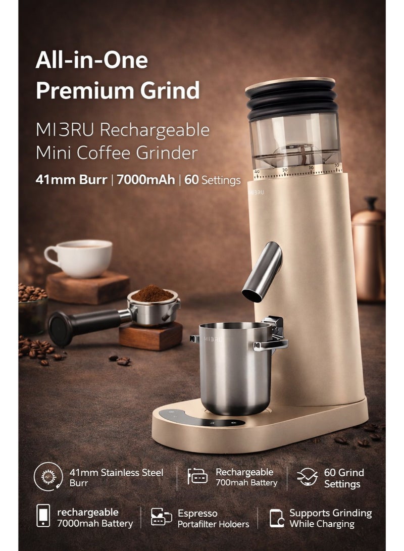 MIBRU Portable Electric Coffee Grinder Rechargeable 7000mAh 41mm Burr Adjustable 60 Settings Espresso Grinder for Home Travel V60 French Press Drip Cold Brew with Stainless Steel Cup - Image 1
